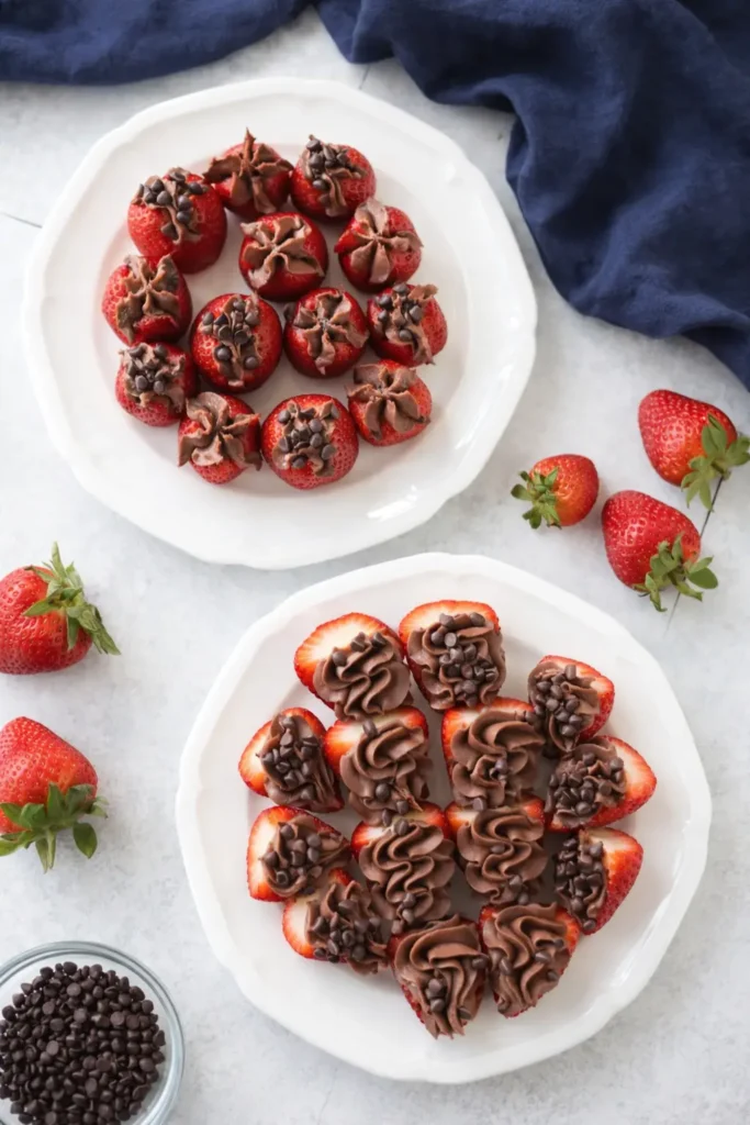 Two plates of chocolate cheesecake stuffed strawberries with navy napkin