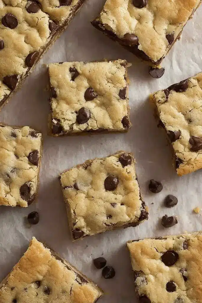 Chocolate Chip Cookie Bars – Irresistibly Soft & Chewy Treat 6 Top view of chocolate chip cookie bars on linen background