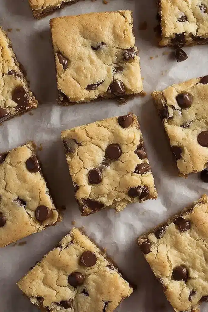 Chocolate Chip Cookie Bars – Irresistibly Soft & Chewy Treat 5 Top view of chocolate chip cookie bars on linen background