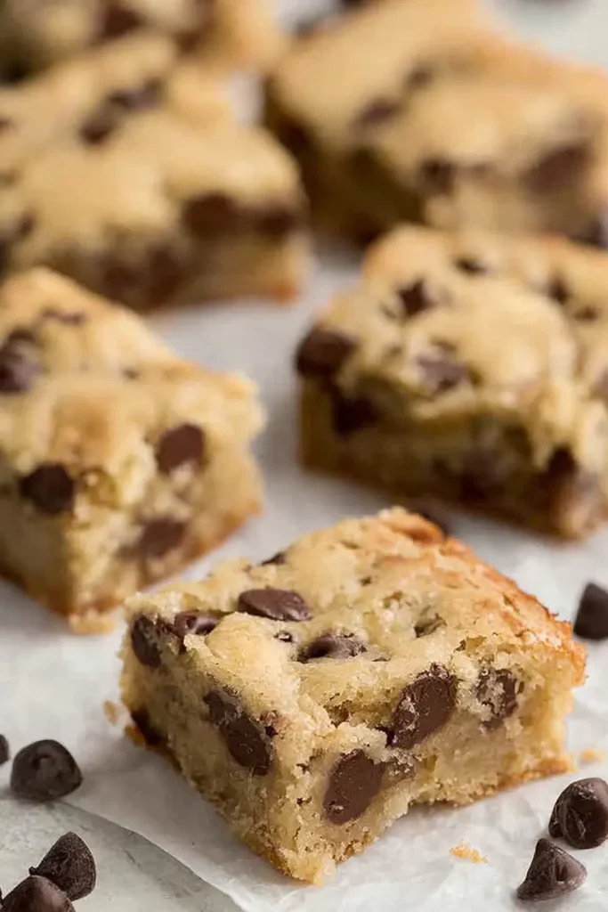 Soft chewy chocolate chip cookie bars with melted chocolate