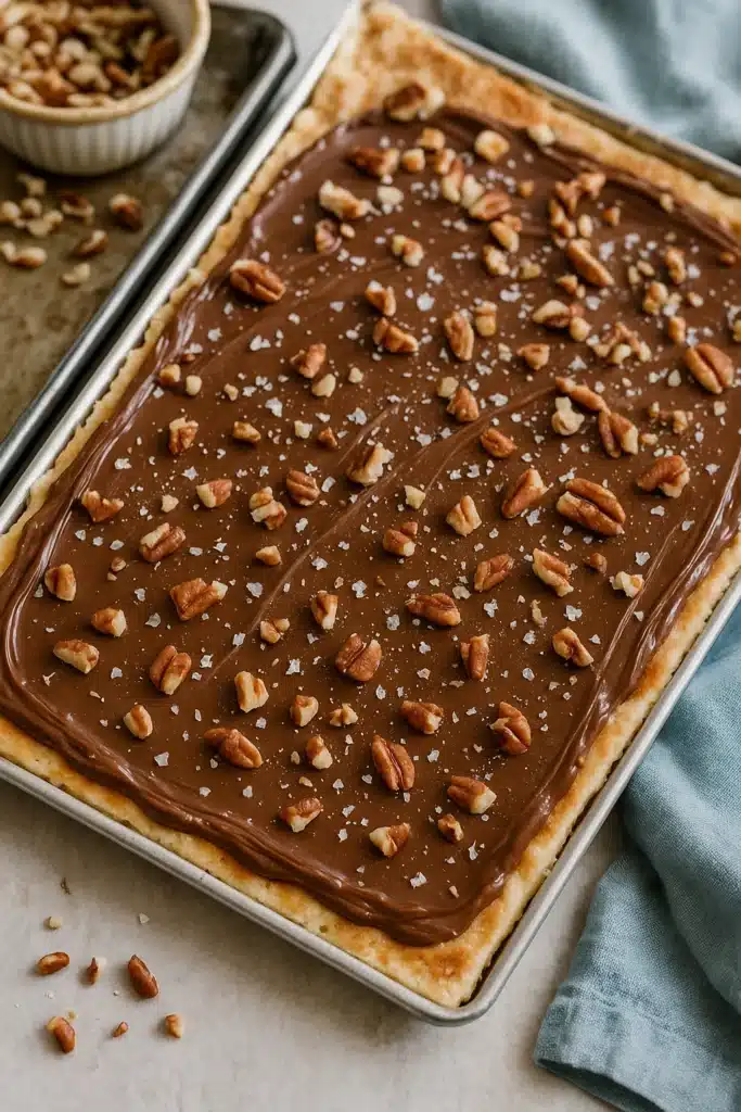 Saltine cracker candy topped with melted chocolate and chopped pecans on baking tray
