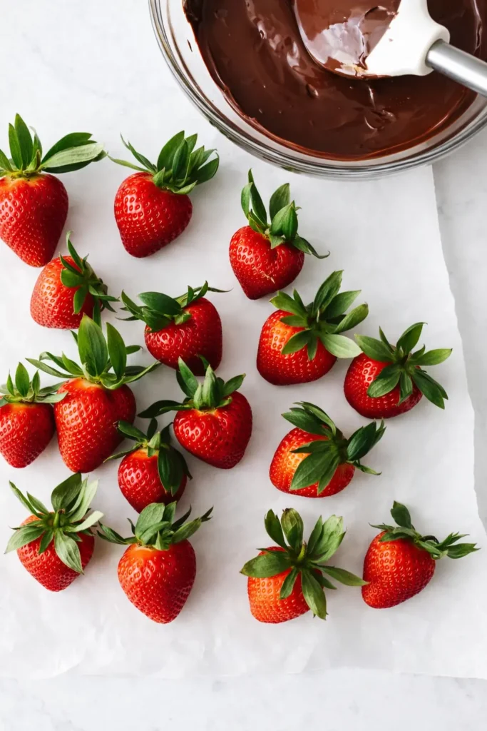 Fresh strawberries and melted chocolate for chocolate covered strawberries