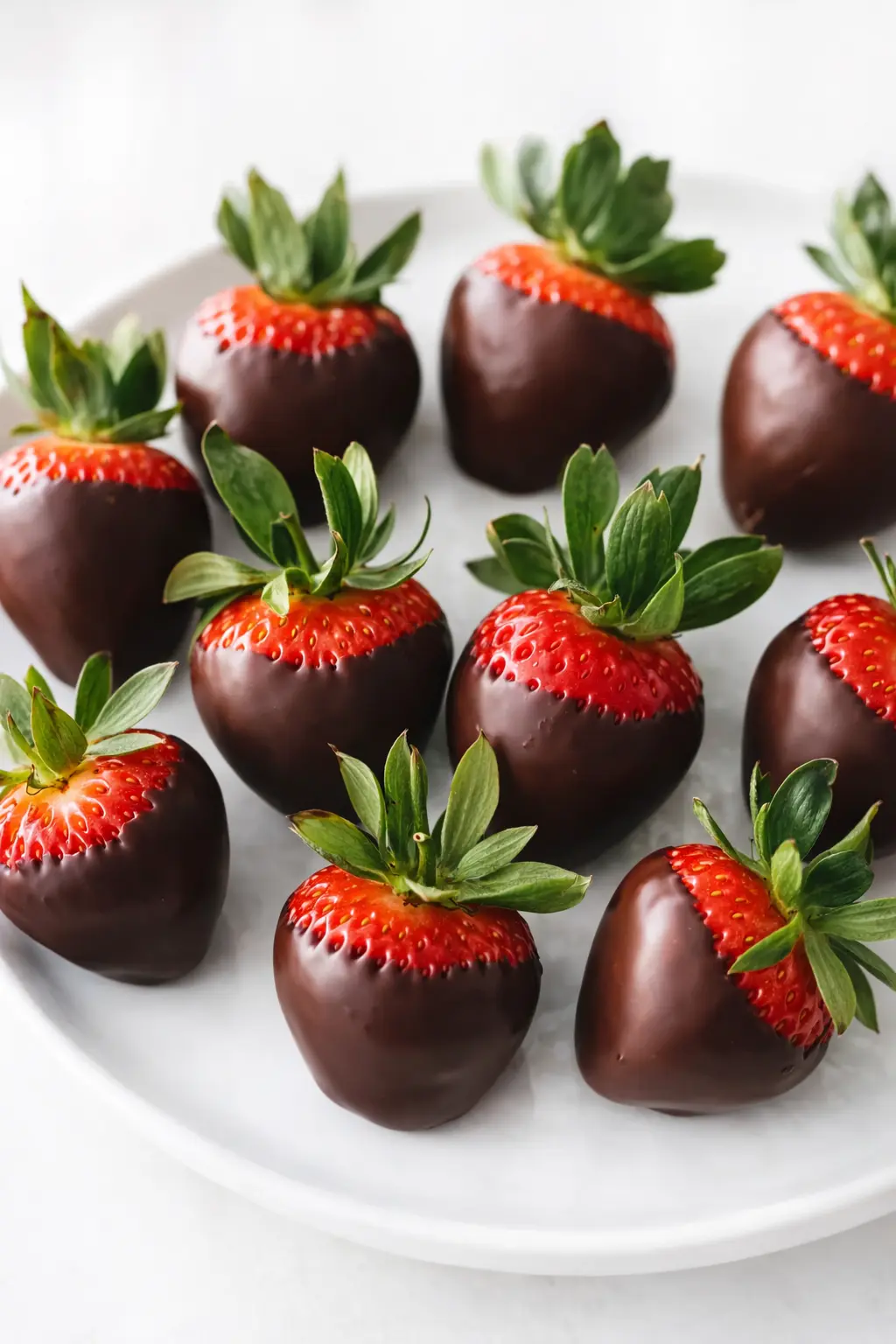 Chocolate covered strawberries on white plate