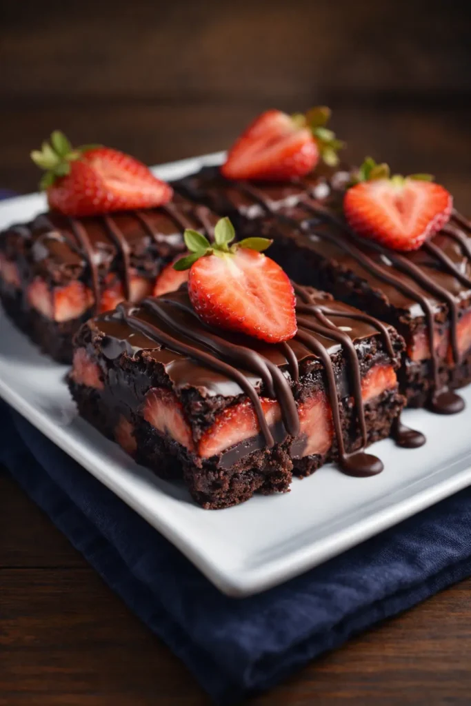 Chocolate Covered Strawberry Brownies | Decadent Treat 5 Chocolate covered strawberry brownies on a white plate with ganache drizzle