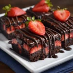 Rich chocolate covered strawberry brownies topped with ganache and fresh strawberries