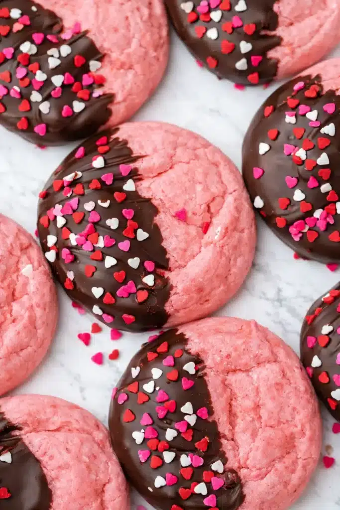 Close-up of chocolate covered strawberry cookies with heart sprinkles