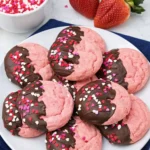 Chocolate covered strawberry cookies with sprinkles on a white plate