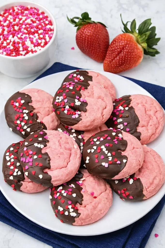 Chocolate covered strawberry cookies with sprinkles on a white plate