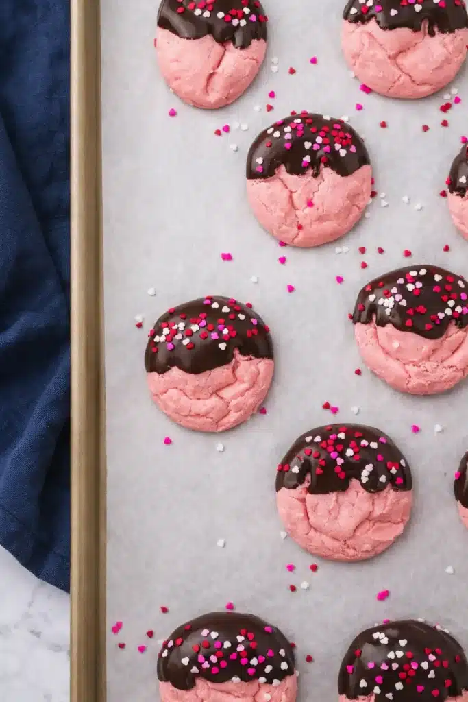 Chocolate covered strawberry cookies on baking tray with blue napkin
