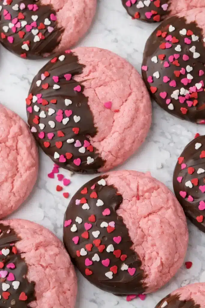 Close-up of chocolate covered strawberry cookies with heart sprinkles