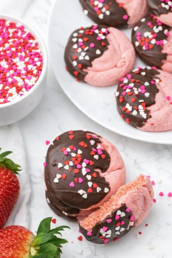 Chocolate covered strawberry cookies with sprinkles and fresh strawberries