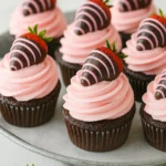 Chocolate covered strawberry cupcakes with pink frosting on tray