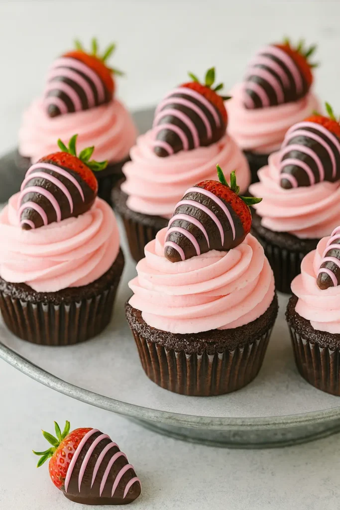 Easy Chocolate Covered Strawberry Cupcakes Recipe 7 Chocolate covered strawberry cupcakes with pink frosting on tray