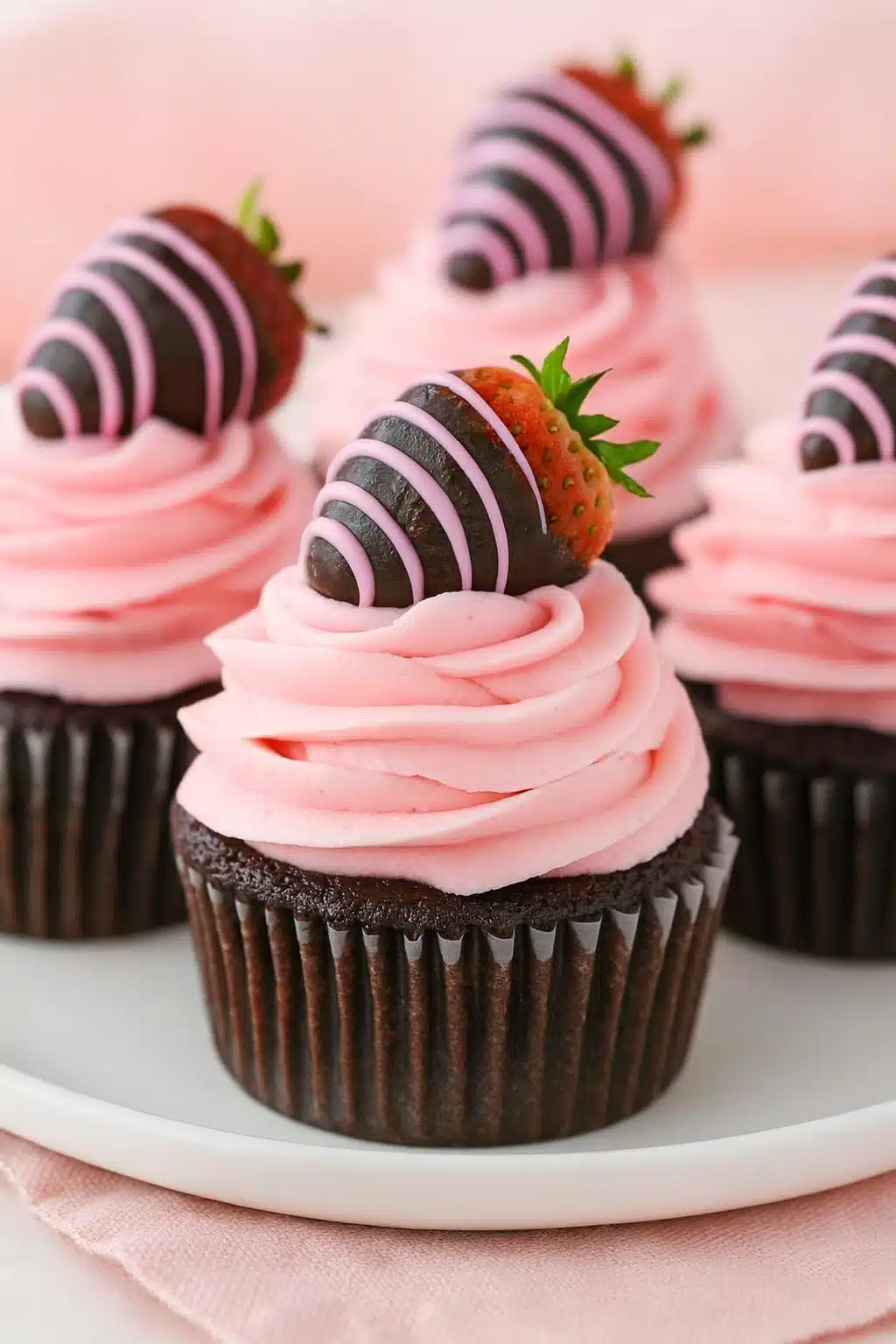 Chocolate covered strawberry cupcakes with pink frosting on a plate