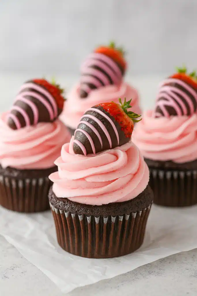 Easy Chocolate Covered Strawberry Cupcakes Recipe 9 Chocolate covered strawberry cupcakes with pink frosting on tray