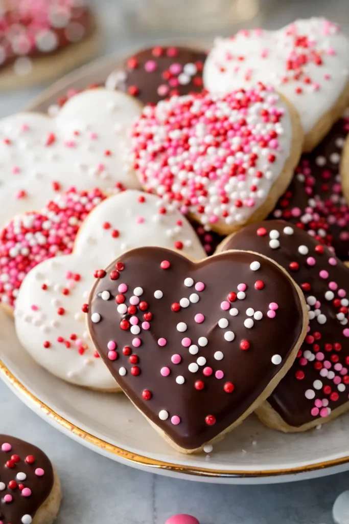 Heart-shaped Valentine cookies dipped in chocolate with colorful sprinkles