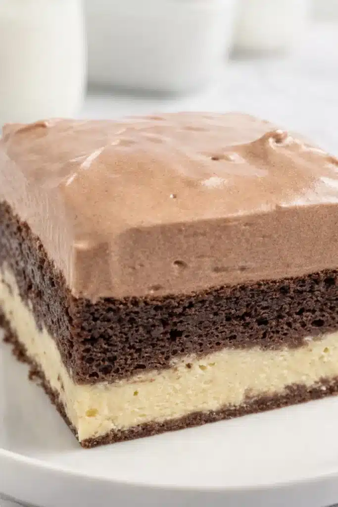 Love Cake Recipe – Irresistibly Creamy & Romantic Dessert 11 Close-up of chocolate love cake slice with ricotta base and mousse topping