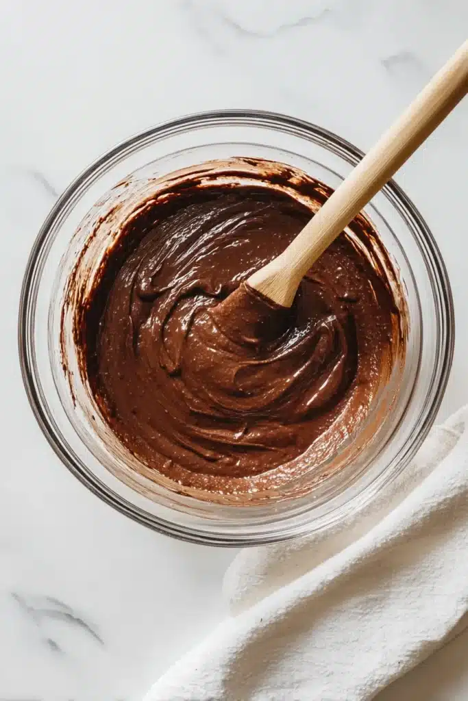 Chocolate Mousse Brownies | Ultimate Fudgy Dessert Bliss 9 Chocolate Mousse Brownies batter being mixed in a glass bowl on white marble