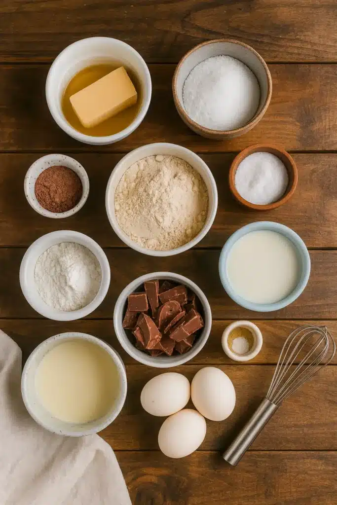 Chocolate Mousse Brownies | Ultimate Fudgy Dessert Bliss 8 Chocolate Mousse Brownies ingredients arranged neatly on a white marble surface