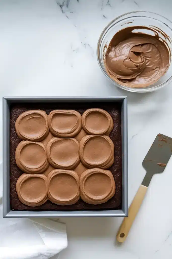 Chocolate Mousse Brownies | Ultimate Fudgy Dessert Bliss 10 Chocolate Mousse Brownies with mousse being spread over brownie base in baking pan