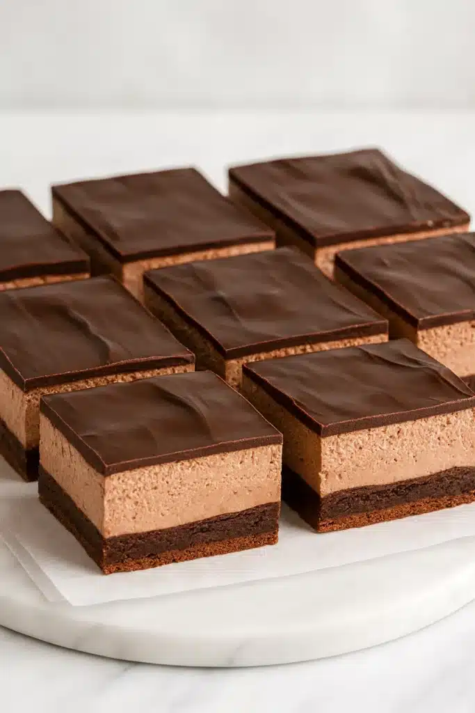 Chocolate Mousse Brownies | Ultimate Fudgy Dessert Bliss 11 Chocolate Mousse Brownies sliced with ganache topping on white surface