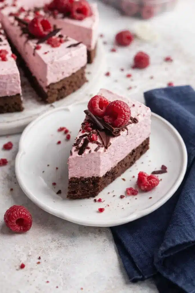 Chocolate Raspberry Mousse Cake – A Stunning, Easy Dessert 7 Slice of chocolate raspberry mousse cake