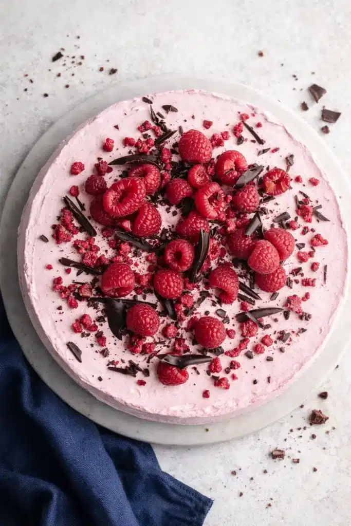 Chocolate Raspberry Mousse Cake – A Stunning, Easy Dessert 6 Chocolate raspberry mousse cake topped with fresh raspberries and chocolate curls