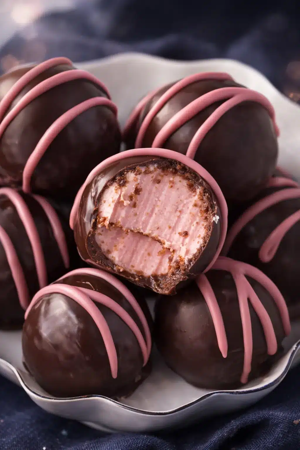 Close-up of chocolate raspberry truffles with pink drizzle and creamy raspberry filling