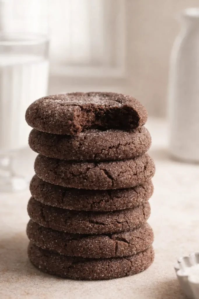Stack of chocolate sugar cookies with a bite taken out next to a glass of milk