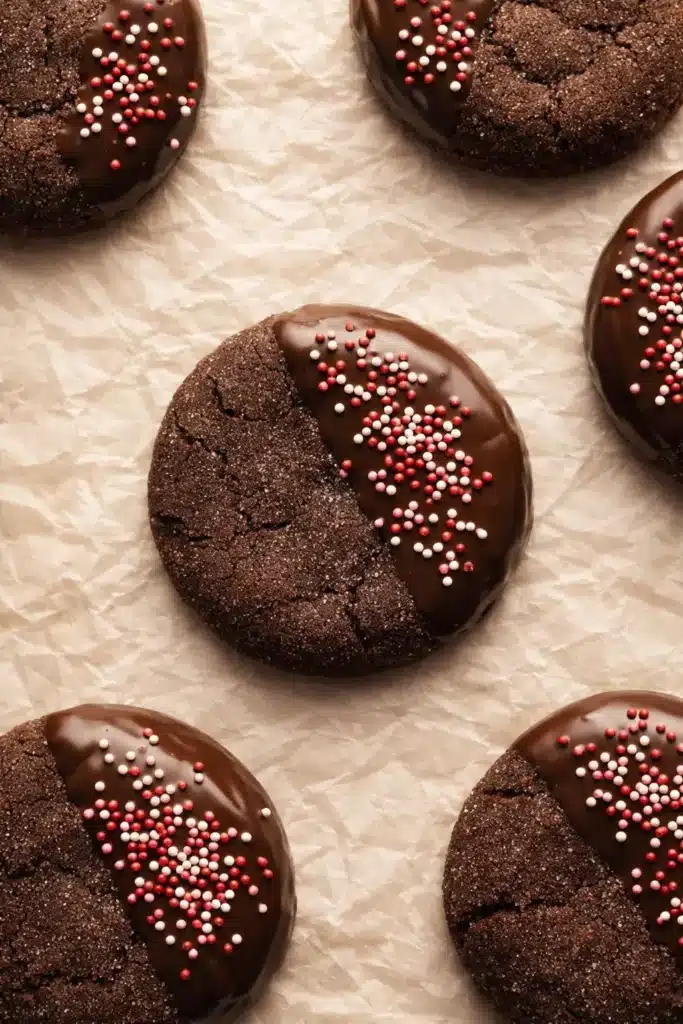 Chocolate sugar cookies dipped in chocolate with red and white sprinkles