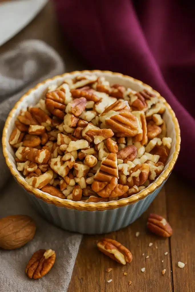Chopped pecans in a blue bowl for topping saltine cracker candy