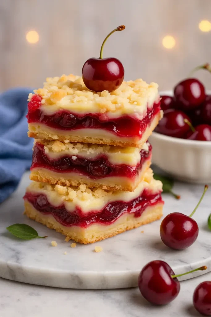 Christmas Cherry Bars – Sweet, Easy & Irresistible Treat 5 Christmas Cherry Bars stacked with cherry filling and creamy layers