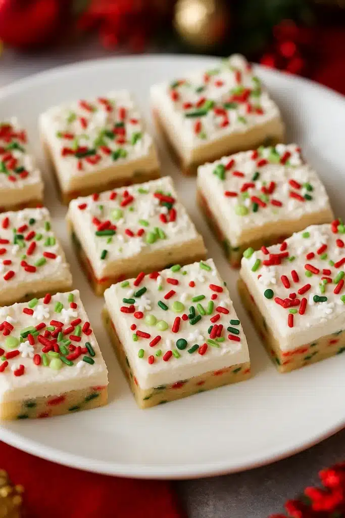 Christmas cookie bars with white frosting and festive red and green sprinkles