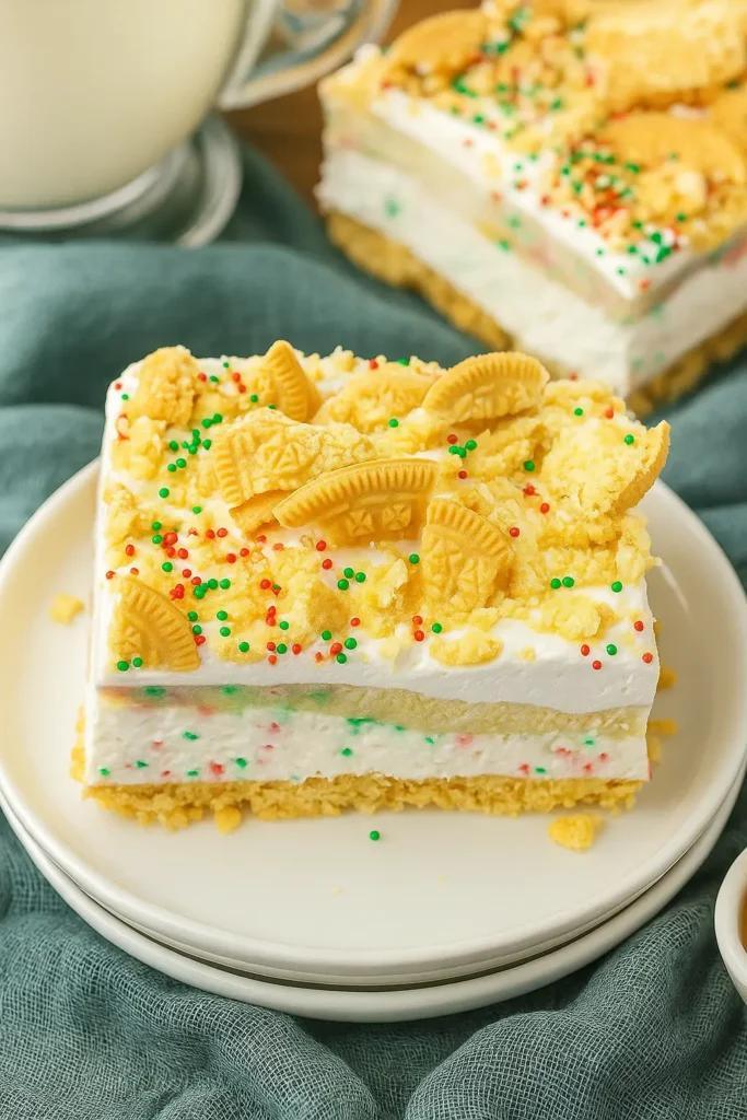 Christmas Cookie Lush Recipe | Easy, Festive & Delicious 20 Christmas Cookie Lush slice with creamy layers, vanilla cookies, and holiday sprinkles