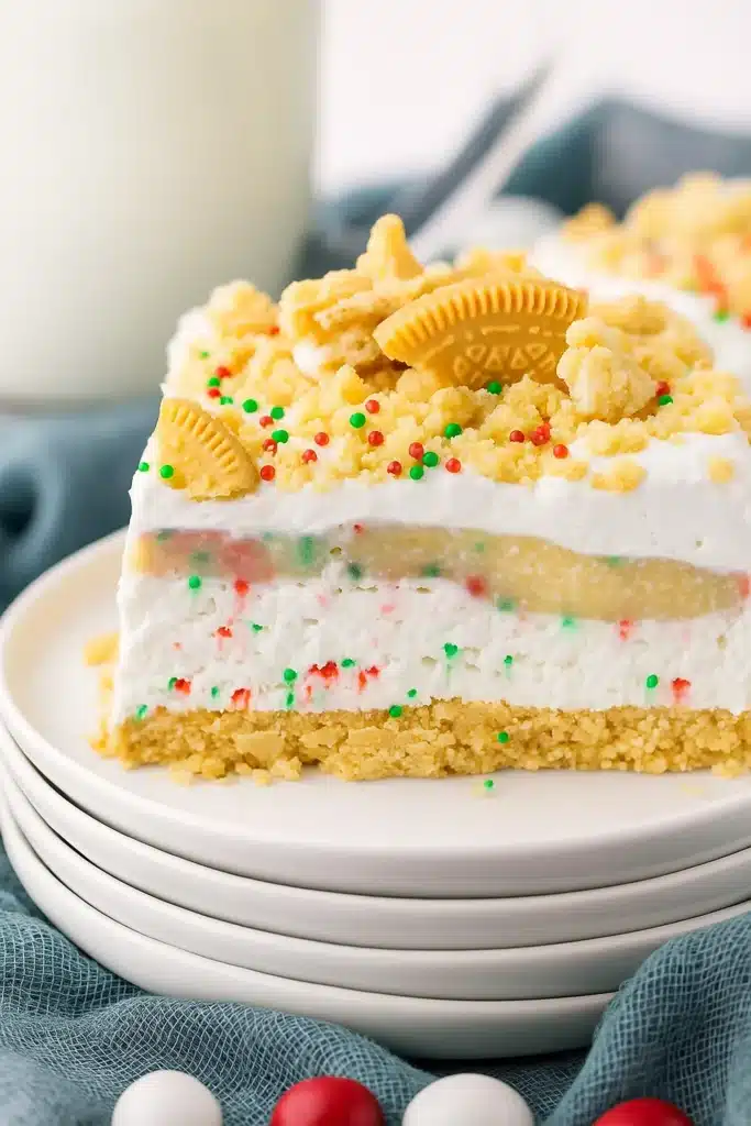 Christmas Cookie Lush Recipe | Easy, Festive & Delicious 30 Slice of Christmas Cookie Lush with creamy layers and festive sprinkles