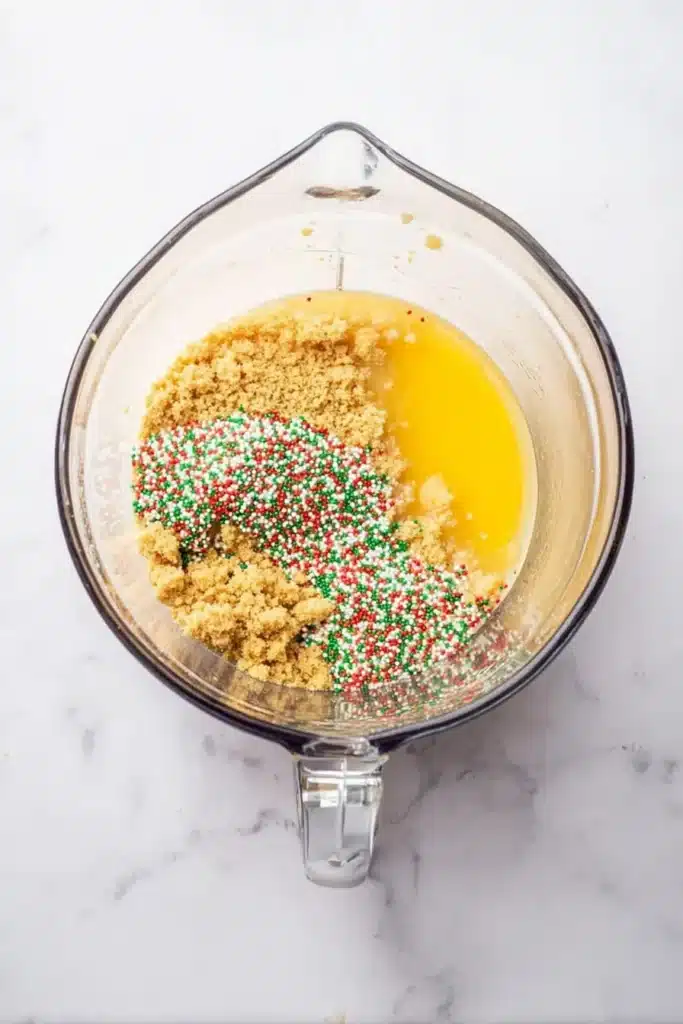 Christmas Cookie Lush Recipe | Easy, Festive & Delicious 23 Mixing cookie crumbs, butter, and sprinkles for Christmas Cookie Lush crust