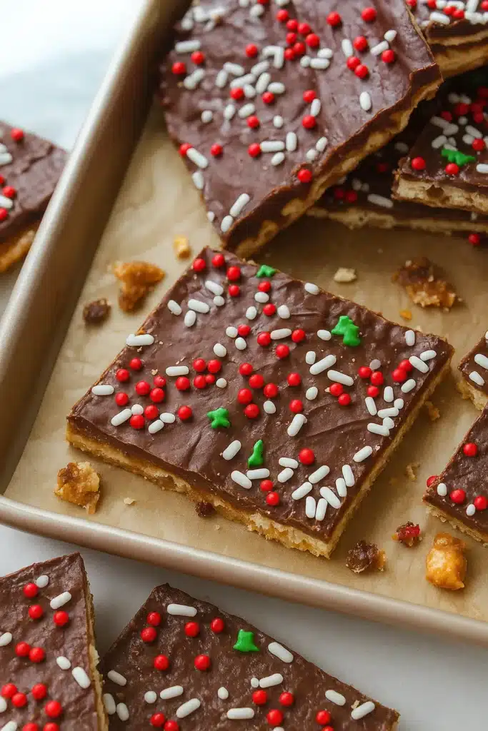 Christmas Crack – The Ultimate Sweet and Salty Holiday Treat 9 Freshly baked Christmas Crack candy with chocolate and festive sprinkles
