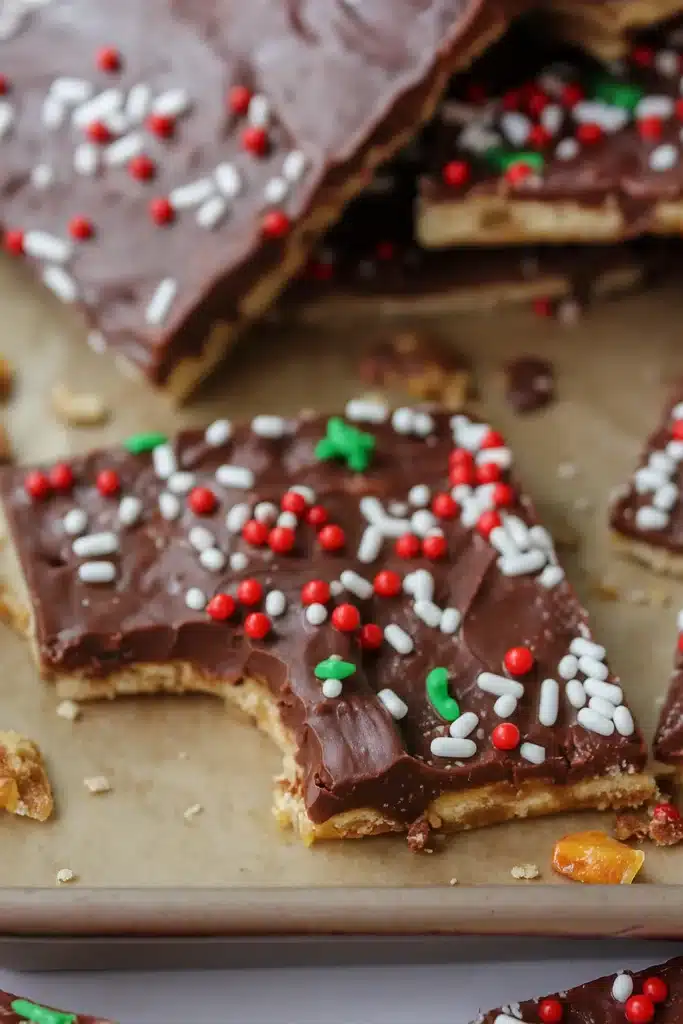 Christmas Crack – The Ultimate Sweet and Salty Holiday Treat 12 Christmas Crack candy with chocolate, sprinkles, and a bite taken out