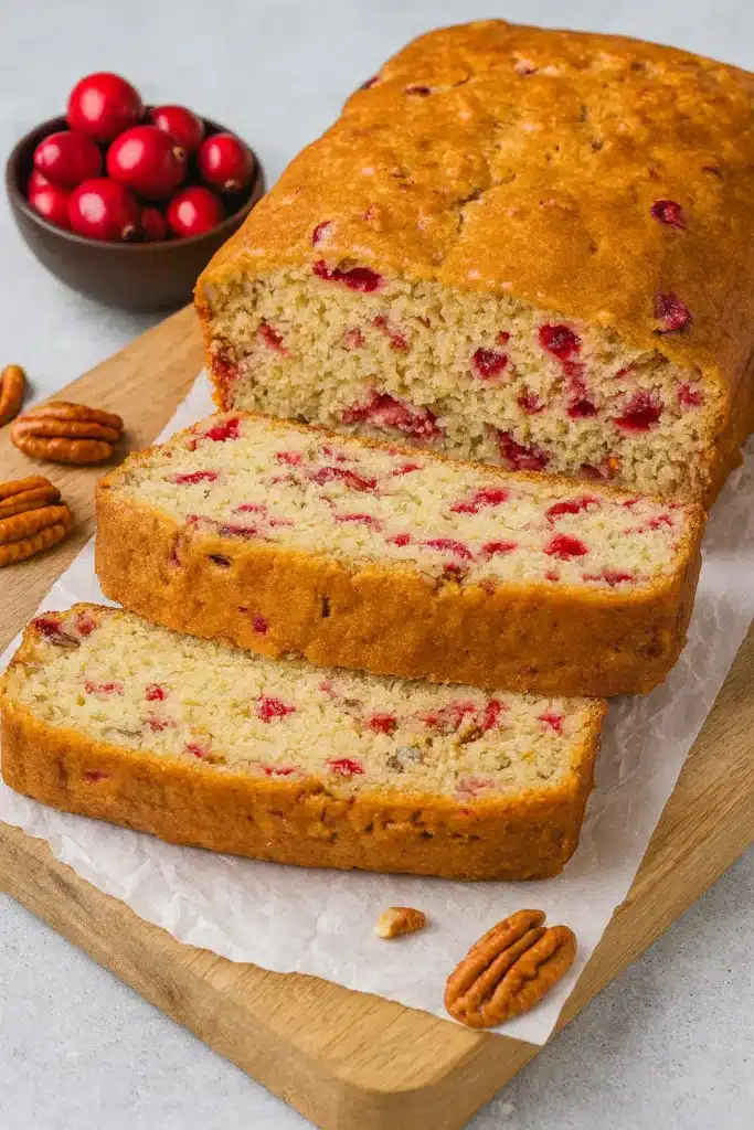 Freshly baked cranberry nut bread loaf with sliced pieces on wooden board