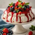 Christmas pavlova with whipped cream, berries, and mint on white cake stand