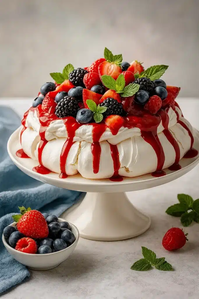 Christmas pavlova with whipped cream, berries, and mint on white cake stand
