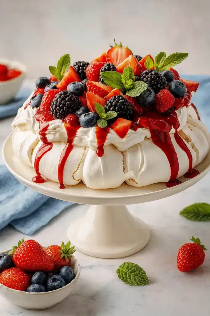 Christmas pavlova with whipped cream, berries, and mint on white cake stand
