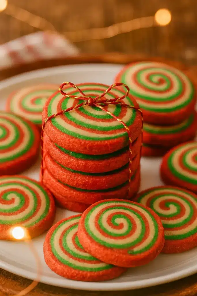 Pinwheel Cookies – A Festive Christmas Cookie Favorite 7 Red and green Christmas pinwheel cookies stacked on a white plate