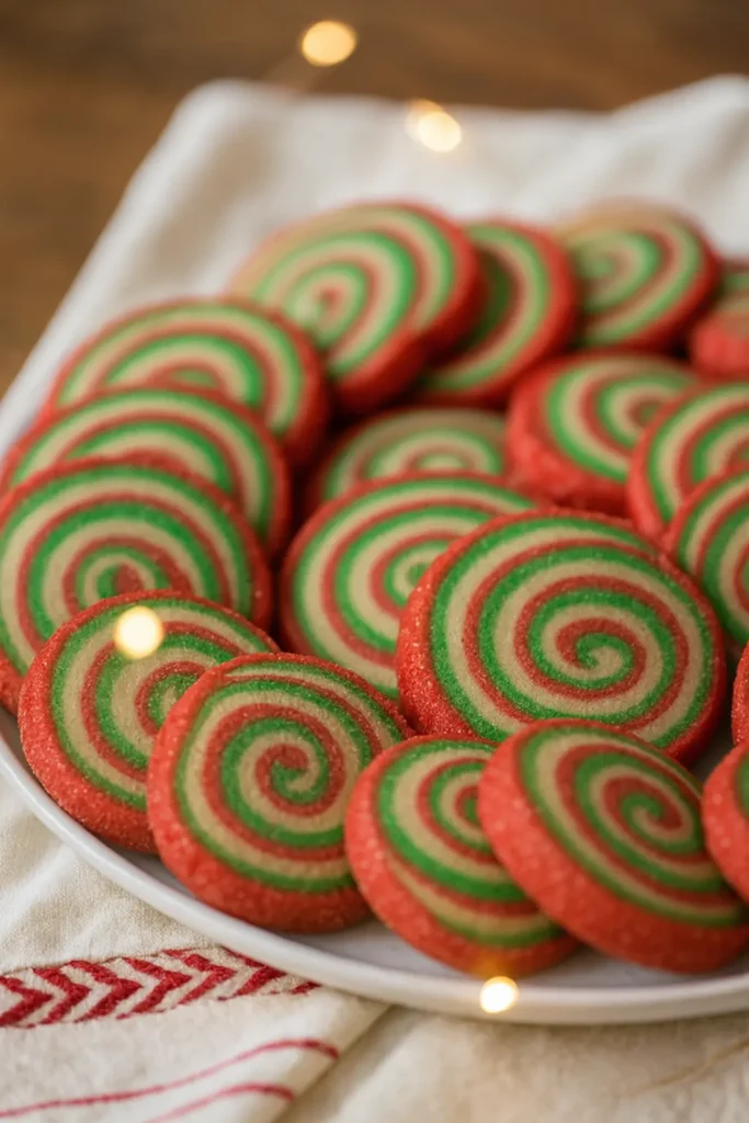 Pinwheel Cookies – A Festive Christmas Cookie Favorite 8 Plate of red and green Christmas pinwheel cookies on a holiday table