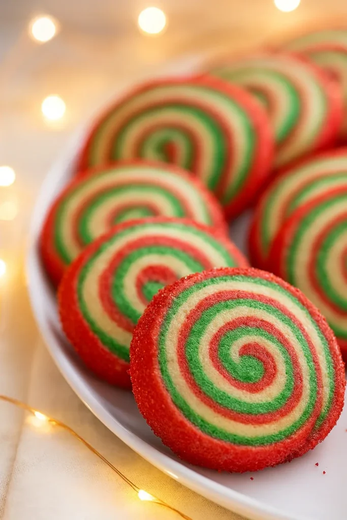 Pinwheel Cookies – A Festive Christmas Cookie Favorite 10 Plate of red and green Christmas pinwheel cookies with sparkling sugar edges