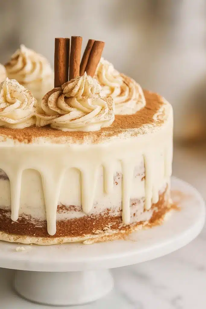 Christmas spice cake with eggnog frosting and cinnamon sticks on top