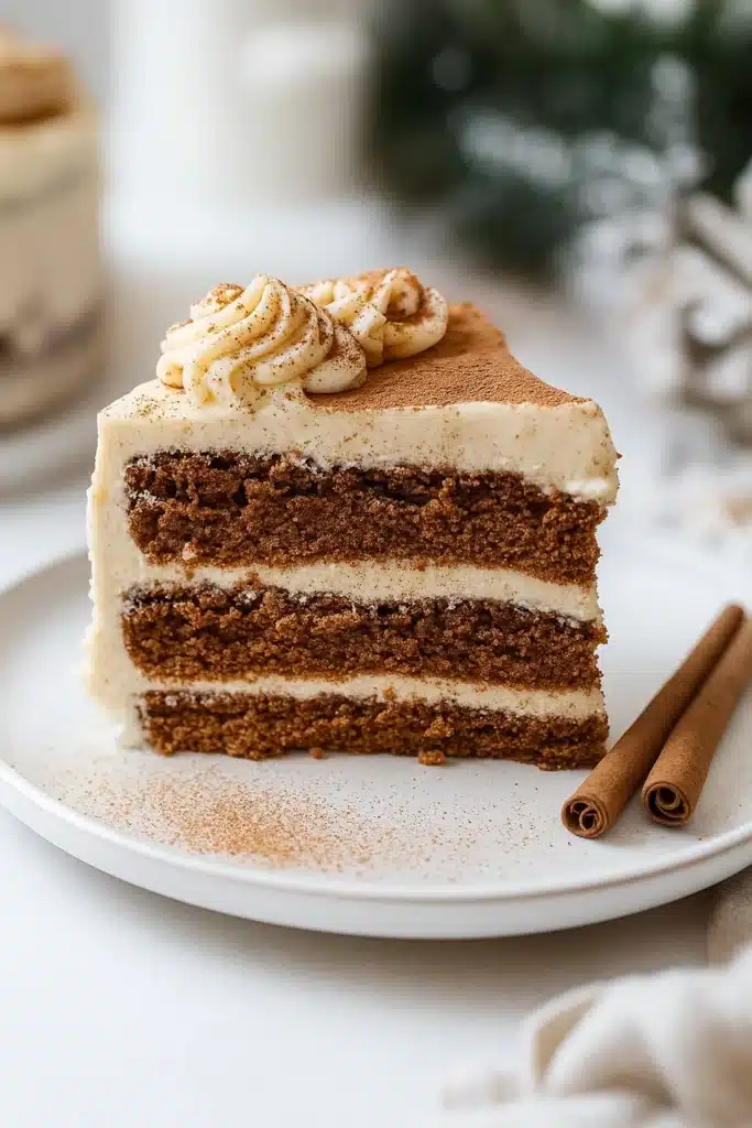 Slice of Christmas spice cake with eggnog frosting and cinnamon sticks on a plate