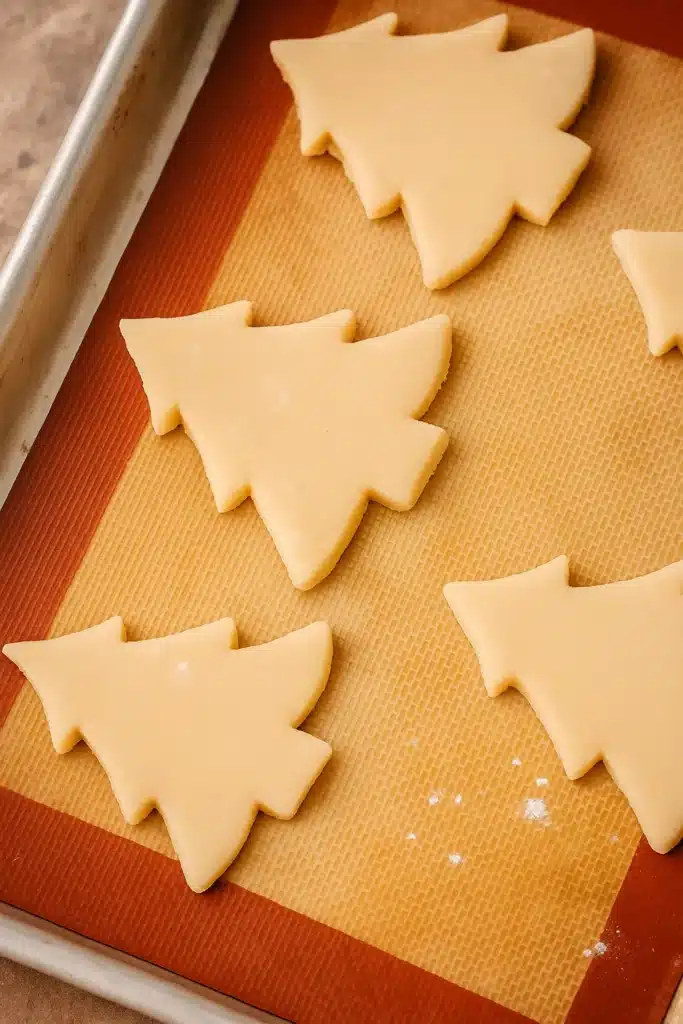 Cutout Sugar Cookies – Soft, Buttery & Perfect for Christmas Decorating 13 unbaked christmas tree cutout sugar cookies on baking tray