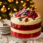 Christmas trifle with layers of jelly, custard, and berries topped with whipped cream