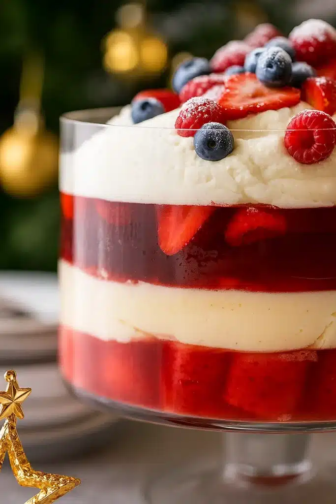 Close-up of Christmas trifle layers with jelly, custard, and whipped cream topped with berries